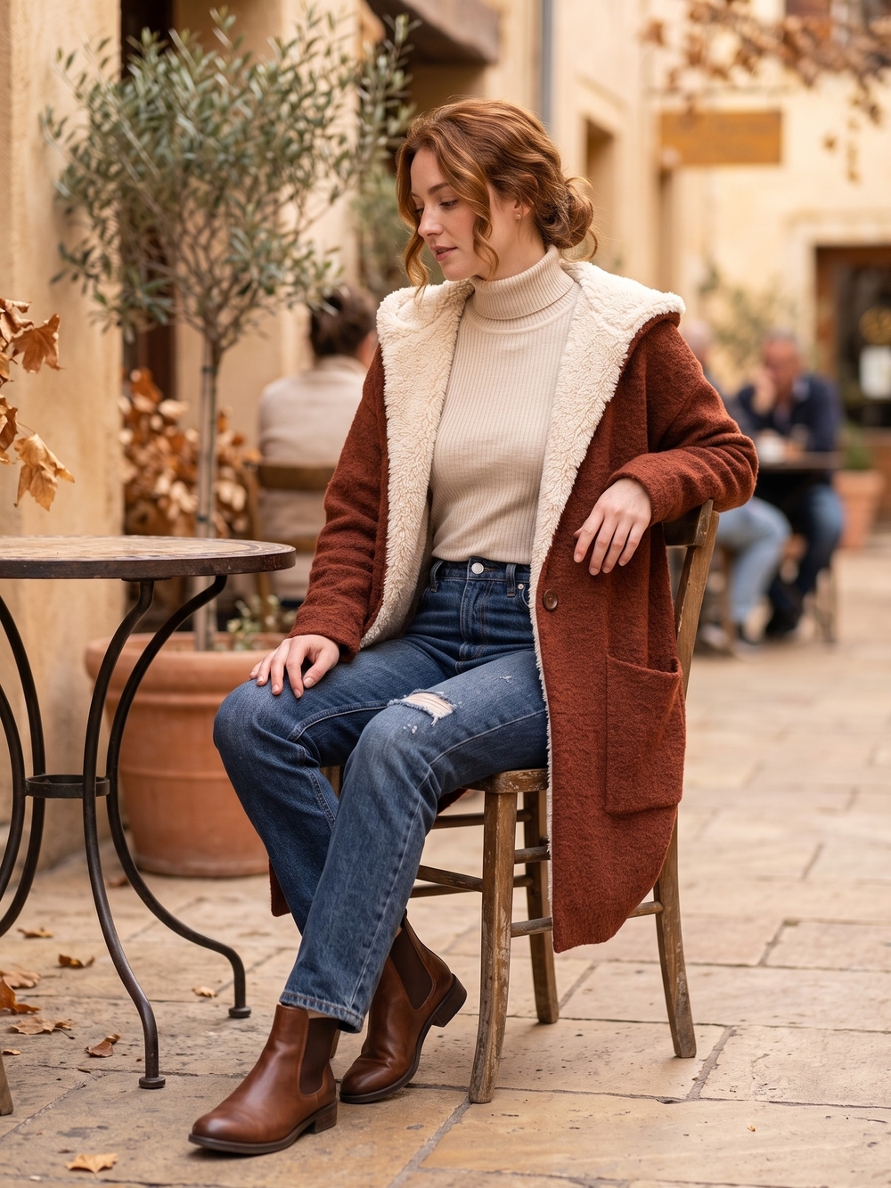 Dex Sherpa Hooded Knit Cardigan Coat Rust Cabincore Gorpcore Cottagecore Jacket